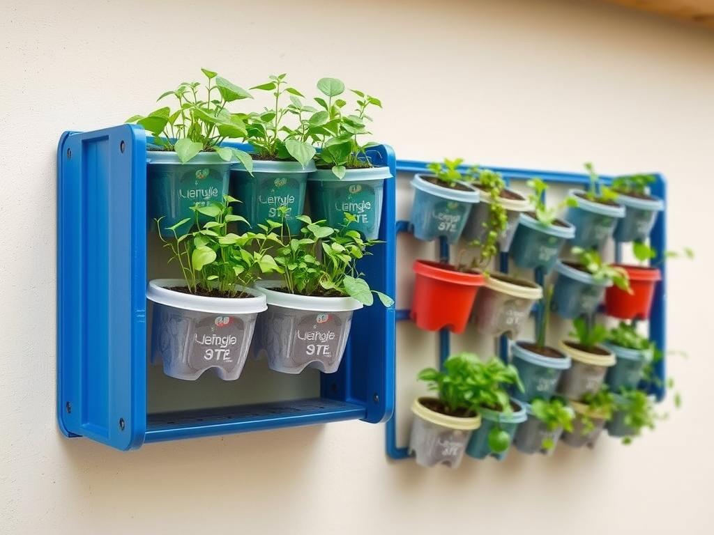 Selbstgebautes Pflanzregal aus recycelten Plastikflaschen für vertikalen Garten