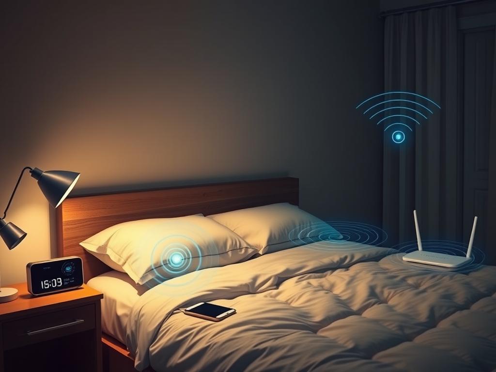 Elektrosmog im Schlafzimmer mit sichtbaren Strahlungsquellen wie Radiowecker und Smartphone