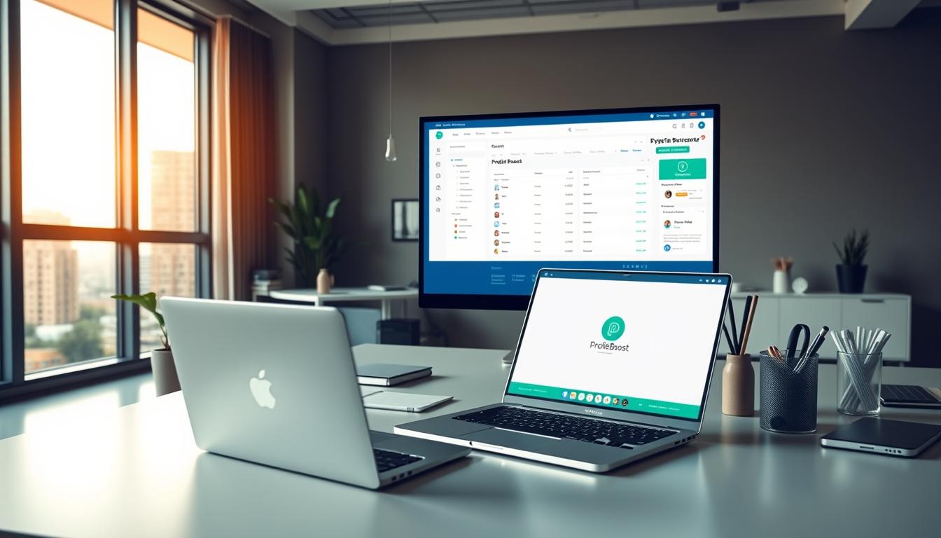 A modern, minimalist office setting with a sleek, professional-looking CRM software interface prominently displayed on a large desktop monitor. The foreground features an open laptop, a stylized ProfitBoost logo, and various office supplies arranged neatly. The middle ground showcases a well-organized workspace with a comfortable office chair, a potted plant, and other subtle design elements that convey a sense of productivity and efficiency. The background depicts floor-to-ceiling windows overlooking a cityscape, bathed in warm, natural lighting that creates a welcoming, inspiring atmosphere. The overall composition exudes an air of simplicity, sophistication, and the promise of a seamless, user-friendly CRM experience. A modern, minimalist office setting with a sleek, professional-looking CRM software interface prominently displayed on a large desktop monitor. The foreground features an open laptop, a stylized ProfitBoost logo, and various office supplies arranged neatly. The middle ground showcases a well-organized workspace with a comfortable office chair, a potted plant, and other subtle design elements that convey a sense of productivity and efficiency. The background depicts floor-to-ceiling windows overlooking a cityscape, bathed in warm, natural lighting that creates a welcoming, inspiring atmosphere. The overall composition exudes an air of simplicity, sophistication, and the promise of a seamless, user-friendly CRM experience.
