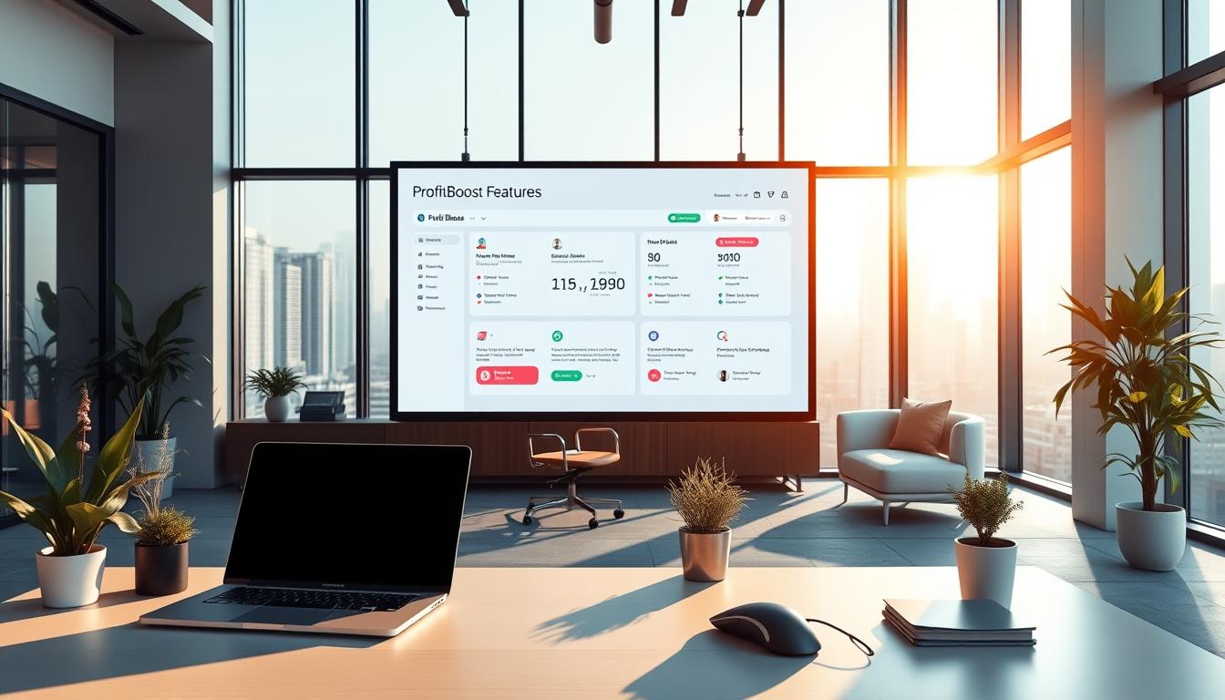 A modern, sleek office setting with a large screen displaying the "ProfitBoost CRM Features" in an elegant, minimalist design. The screen is bathed in warm, directional lighting, casting subtle shadows and highlights that accentuate the clean lines and vibrant colors of the interface. In the foreground, a well-organized desk with a laptop, a stylish mouse, and a few potted plants adds a touch of nature and professionalism. The midground features a contemporary office chair and a cozy seating area, while the background showcases floor-to-ceiling windows overlooking a cityscape, conveying a sense of productivity and success. The overall atmosphere is one of efficiency, innovation, and a user-friendly CRM solution. A modern, sleek office setting with a large screen displaying the "ProfitBoost CRM Features" in an elegant, minimalist design. The screen is bathed in warm, directional lighting, casting subtle shadows and highlights that accentuate the clean lines and vibrant colors of the interface. In the foreground, a well-organized desk with a laptop, a stylish mouse, and a few potted plants adds a touch of nature and professionalism. The midground features a contemporary office chair and a cozy seating area, while the background showcases floor-to-ceiling windows overlooking a cityscape, conveying a sense of productivity and success. The overall atmosphere is one of efficiency, innovation, and a user-friendly CRM solution.