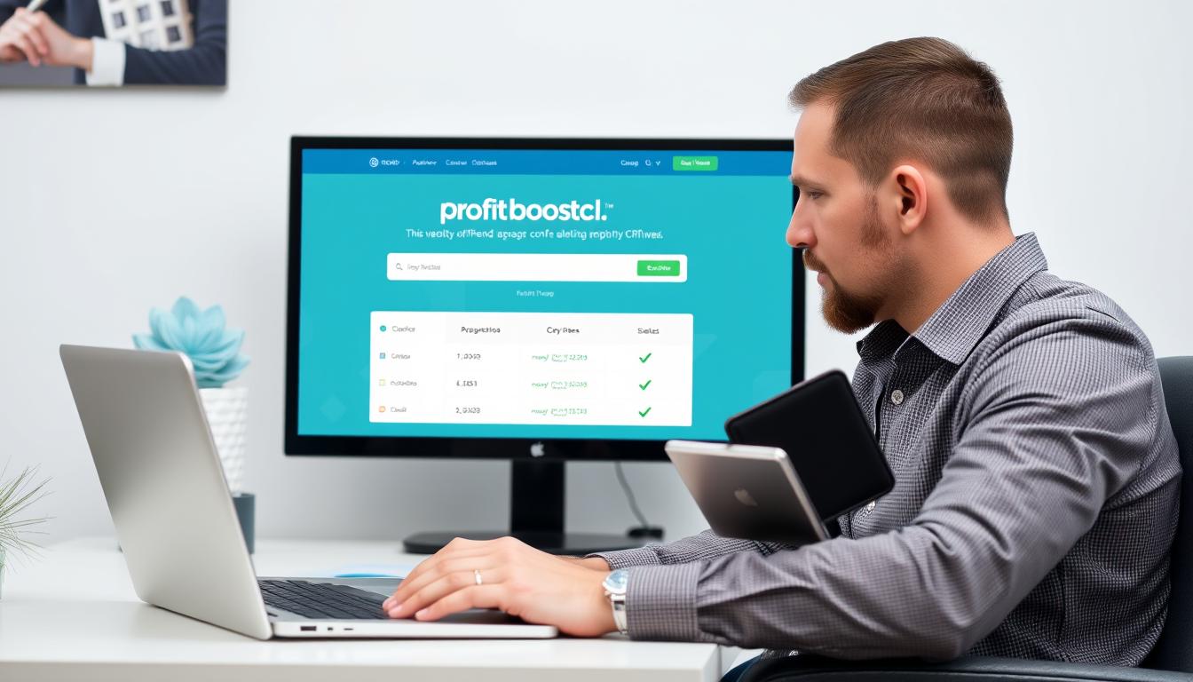Ein Bild von einem Mann, der vor einem Laptop sitzt und eine Geldbörse in der Hand hält, während er auf den Bildschirm schaut, auf dem die ProfitBoost CRM-Software angezeigt wird. Ein Bild von einem Mann, der vor einem Laptop sitzt und eine Geldbörse in der Hand hält, während er auf den Bildschirm schaut, auf dem die ProfitBoost CRM-Software angezeigt wird.