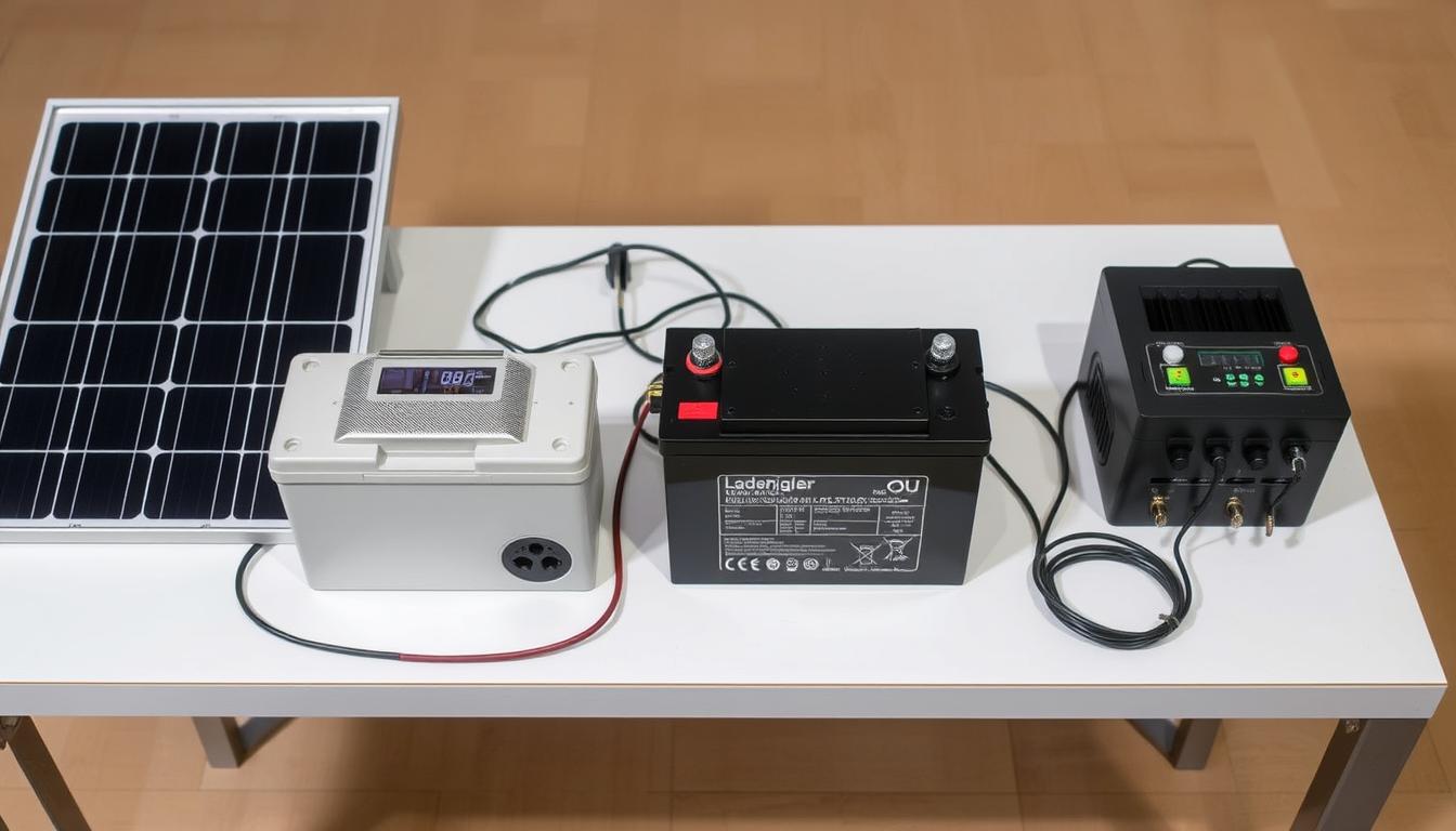 Hauptkomponenten eines Solar-Notstromsystems: Solarmodul, Batterie, Laderegler und Wechselrichter auf einem Tisch ausgelegt