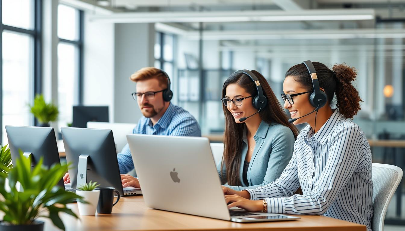 Generiere ein Bild von einem CRM-Support-Team, das aktiv auf Kundenanfragen reagiert. Generiere ein Bild von einem CRM-Support-Team, das aktiv auf Kundenanfragen reagiert.