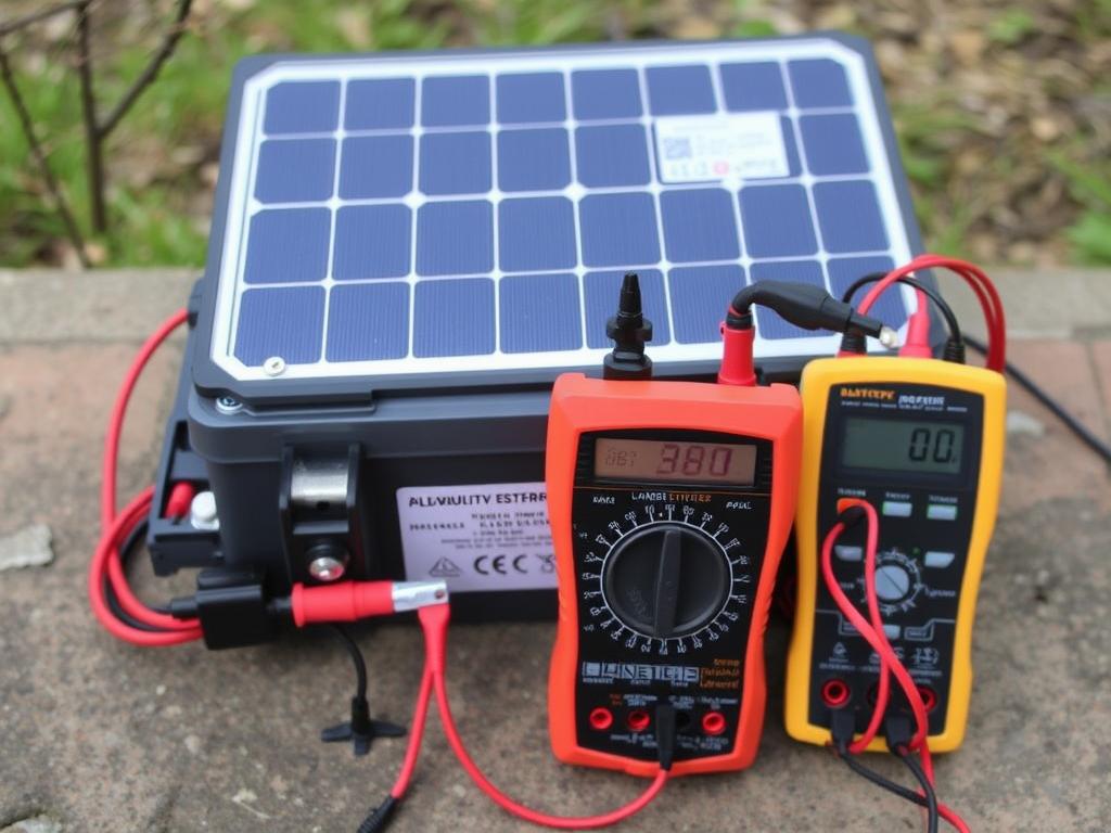 Testaufbau eines Solar-Notstromsystems mit Multimeter zur Spannungsmessung