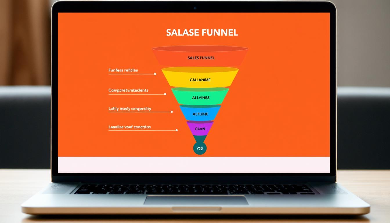 Generieren Sie ein Bild, das einen Sales-Funnel auf einem Laptop-Bildschirm zeigt.