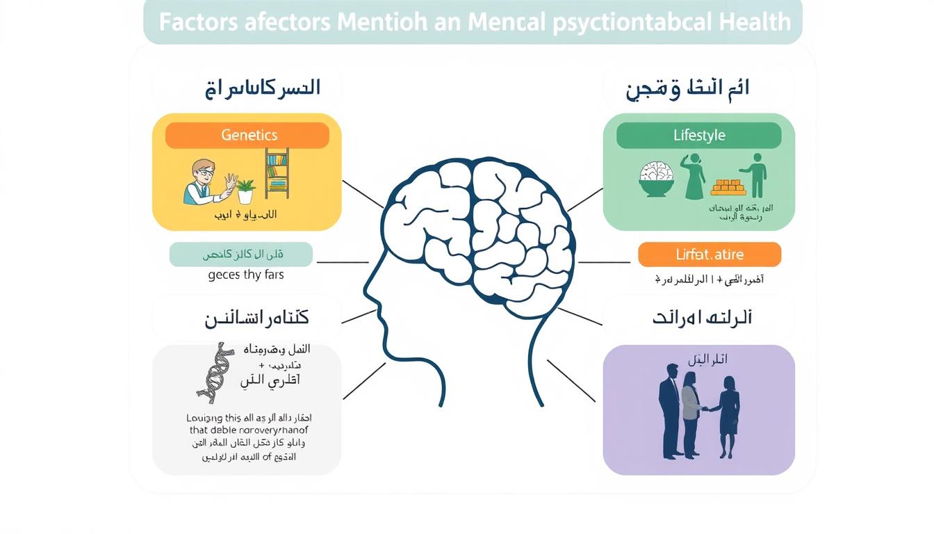رسم توضيحي للعوامل المختلفة المؤثرة على الصحة العقلية والنفسية