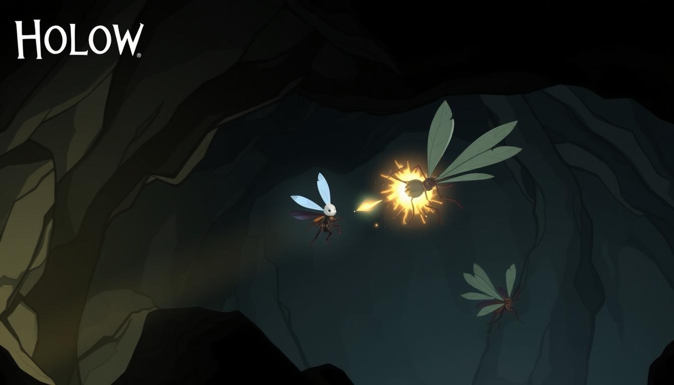 Screenshot from Hollow Knight: Silksong showing Hornet traversing a beautiful hand-drawn environment