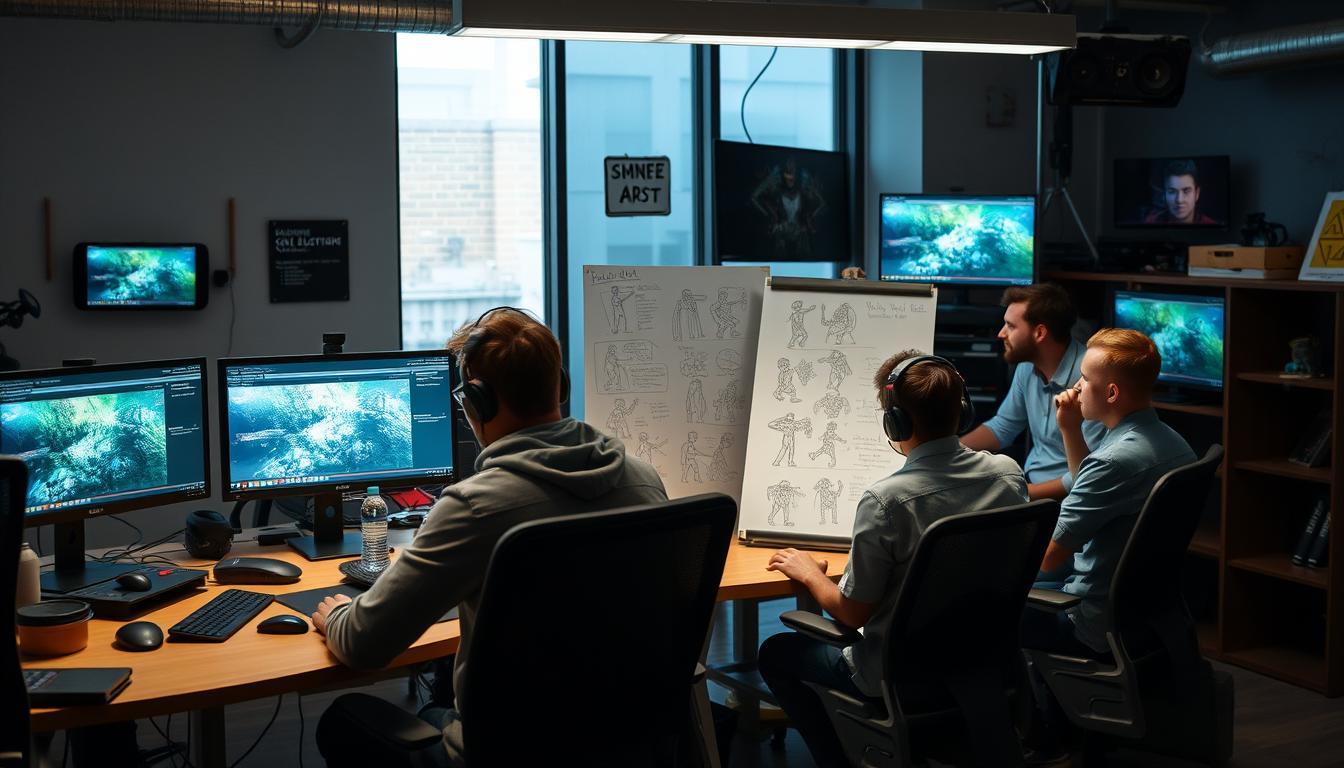 Game developers collaborating in a studio environment