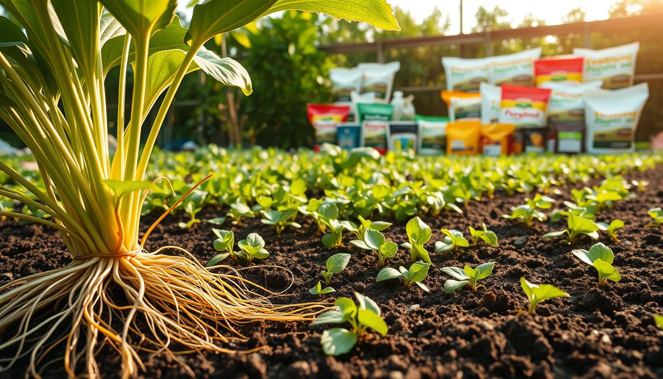 A lush, verdant landscape showcasing the intricate system of plant nutrition and fertilizer planning. In the foreground, a close-up view of a healthy, thriving plant's root system, with fine, delicate roots intertwined in the rich, dark soil. The middle ground features a diverse array of plant life, each species exhibiting vibrant, well-nourished foliage. In the background, a neatly organized array of various fertilizer bags and containers, suggesting a carefully considered fertilization strategy. The scene is bathed in warm, natural lighting, creating a sense of balance and harmony between the plant life and the carefully curated fertilization approach. Photorealistic in quality, with accurate, detailed depictions of all elements.