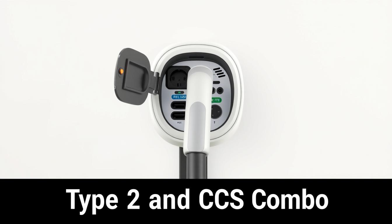 A high-quality, photorealistic image of a Type 2 electric vehicle charging port in a standard, natural design. The port is positioned in the center of the frame, capturing the intricate details of the various sockets, slots, and indicators that make up the charging interface. The background showcases a clean, minimalist setting, allowing the charging port to be the focal point. The lighting is soft and natural, highlighting the accurate, realistic texture and color of the components. The overall atmosphere conveys a sense of functionality and technological sophistication, fitting the context of the "Type 2 and CCS Combo" section of the article.