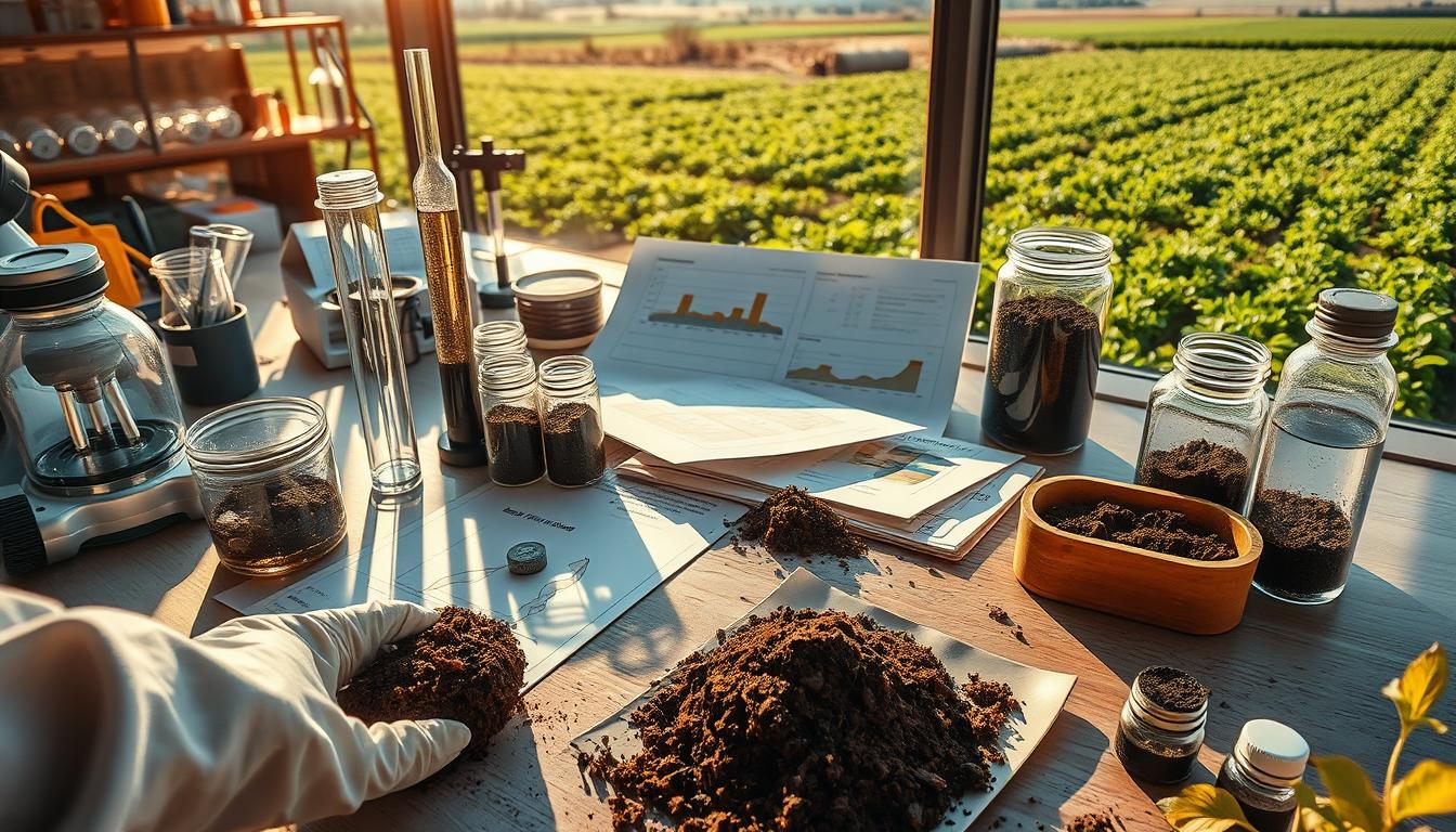 A detailed analysis of soil nutrients, showcasing the essential components that contribute to crop growth and yield. A laboratory-style setup with various scientific instruments, test tubes, and soil samples is depicted. The scene is illuminated by warm, natural lighting, casting subtle shadows and highlighting the textures of the materials. The foreground features a close-up of a soil sample being analyzed, while the middle ground displays various analytical reports and charts. The background includes a panoramic view of a fertile, lush agricultural landscape, emphasizing the importance of understanding soil composition for effective farming practices.