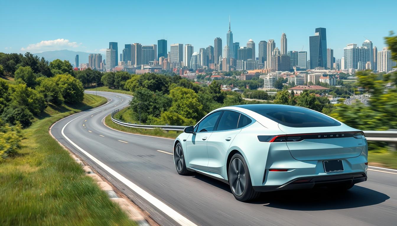 A photorealistic illustration showcasing the range of an electric vehicle. The scene depicts a sleek, modern electric car prominently in the foreground, its sleek exterior and aerodynamic design capturing the essence of efficiency. The middle ground features a winding road surrounded by lush greenery, hinting at the vehicle's ability to travel long distances on a single charge. In the background, a cityscape with towering skyscrapers and a clear blue sky create a sense of urban sophistication. The lighting is natural and balanced, highlighting the car's vibrant colors and the overall clarity of the scene. The composition is well-balanced, drawing the viewer's attention to the key elements that represent the electric vehicle's range capabilities.