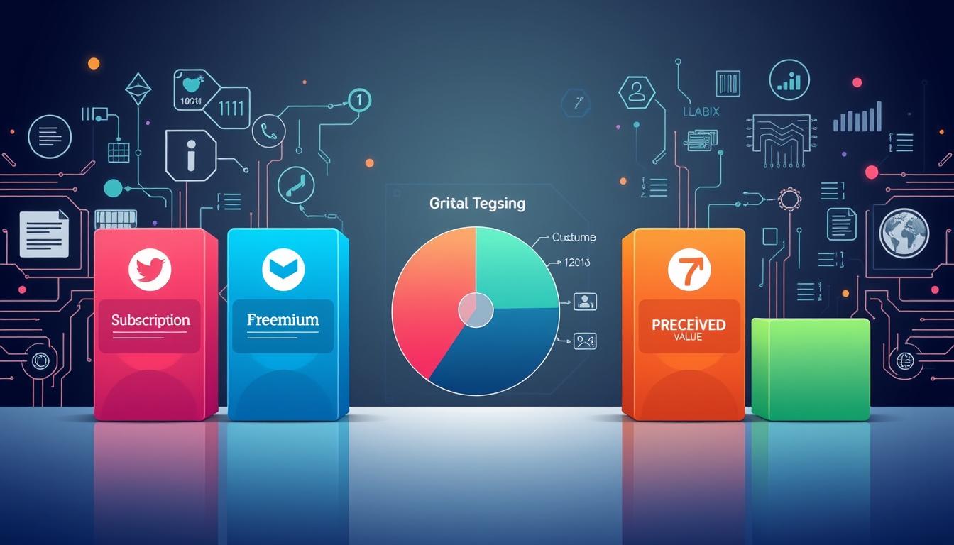 A visually striking digital illustration showcasing the various pricing strategies for digital products. The foreground features a bold, minimalist display of pricing models such as subscription, freemium, and one-time purchase, rendered in a clean, modern style. The middle ground depicts a graphical representation of customer segmentation and perceived value, emphasized through the use of contrasting color palettes and geometric shapes. The background subtly blends various technology-inspired elements, including binary code, circuit boards, and data visualizations, creating a cohesive and tech-savvy atmosphere. The overall composition strikes a balance between informative clarity and aesthetic appeal, effectively capturing the essence of pricing strategies for digital products.