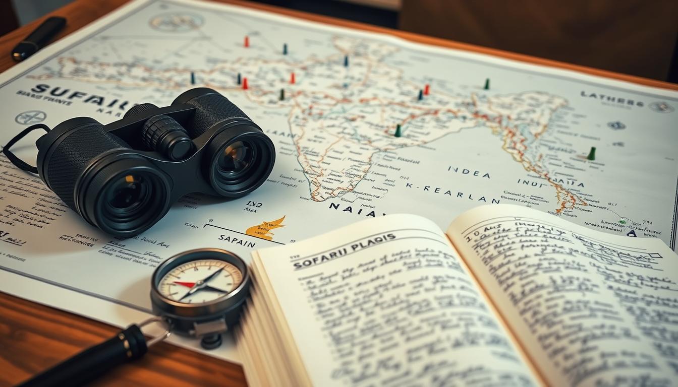 A detailed map of India unfurls across a wooden table, pins and markers dotting the terrain. Beside it, a safari guidebook lies open, its pages filled with handwritten notes and sketches. In the foreground, a pair of binoculars rests on a compass, the lenses gleaming in the soft, warm lighting. The background is blurred, creating a sense of focus and concentration on the planning process. The overall mood is one of anticipation and careful preparation for an immersive wildlife adventure.