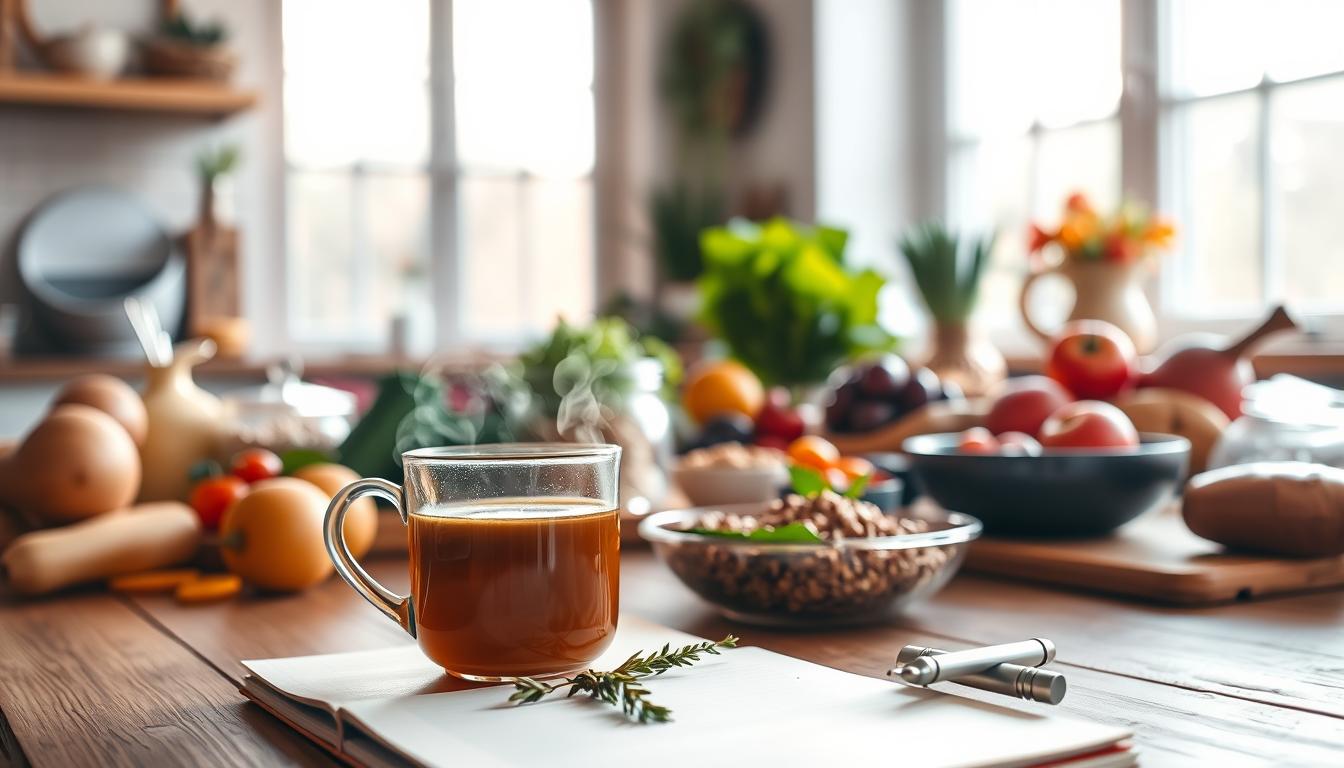 A serene, sun-dappled kitchen scene. A wooden table is set with a variety of wholesome, colorful foods - fresh produce, whole grains, lean proteins. Soft, natural lighting filters through large windows, casting a calming glow. In the foreground, a steaming mug of herbal tea sits next to a journal and pen, symbolizing mindfulness and relaxation. The overall atmosphere exudes a sense of balance, nourishment, and tranquility, suggesting the positive impact of a healthy diet on mental well-being and stress levels.