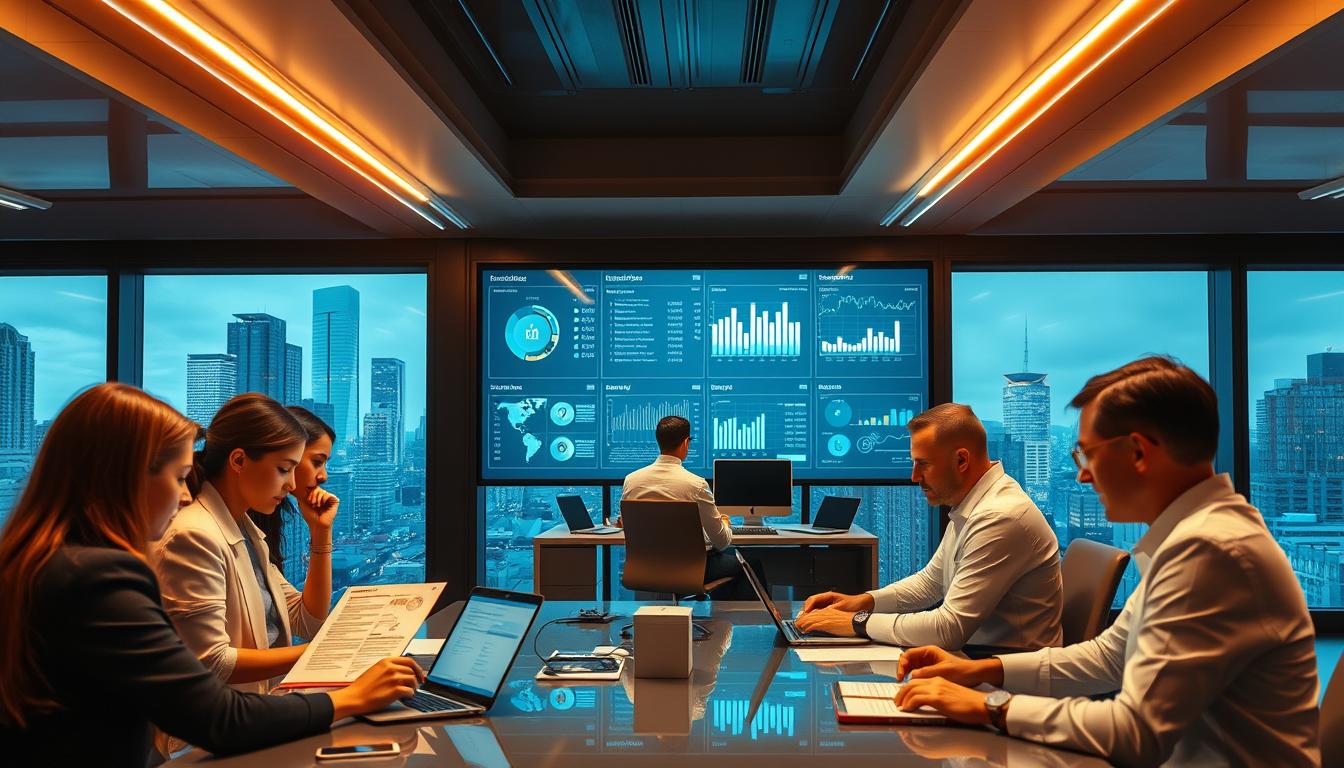 A sleek, modern office interior with large windows overlooking a bustling city skyline. In the foreground, a team of professionals reviewing secure login procedures and compliance checklists on their laptops, their expressions focused and determined. In the middle ground, a wall-mounted display showcases real-time security metrics and system health data, monitored by a security analyst sitting at a central workstation. The background is bathed in warm, directional lighting from overhead fixtures, creating a sense of professionalism and technological sophistication. The overall scene conveys a strong emphasis on data protection, access control, and regulatory adherence within a SaaS business environment.