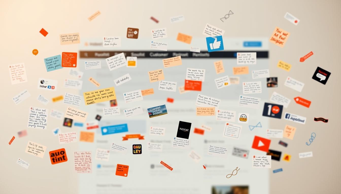 A vibrant collage of user-generated product reviews, displayed on a stylish, minimalist website backdrop. In the foreground, a diverse array of handwritten notes, digital reviews, and social media posts float effortlessly, conveying a sense of authentic, customer-driven content. The middle ground features a clean, white-on-gray layout, with subtle design elements that guide the viewer's eye. The background is a softly blurred, neutral-toned pattern, creating a sense of depth and focus on the review content. Warm, natural lighting casts a gentle glow, lending an inviting and trustworthy atmosphere. The overall impression is one of a thriving, user-centric platform that celebrates customer voices and experiences.