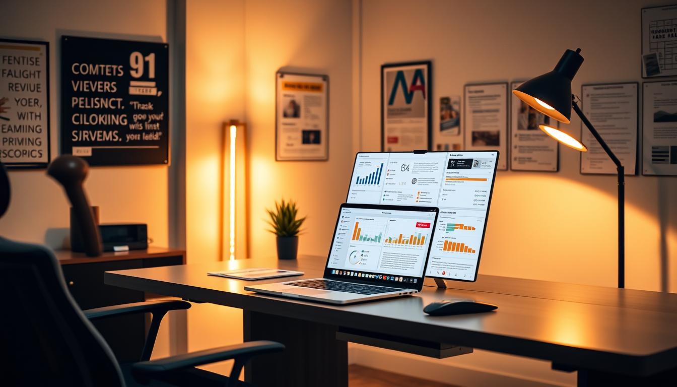 A sleek, modern office setting with a large desk and ergonomic chair. On the desk, a laptop displays a detailed competitor analysis, with charts, graphs, and annotated product review screenshots. The walls are adorned with motivational posters and task boards, creating a professional, analytical atmosphere. Warm, directional lighting from a floor lamp casts a soft glow, highlighting the focus and concentration of the analyst examining the review data. The scene conveys a sense of strategic decision-making, with the goal of crafting high-converting product reviews.