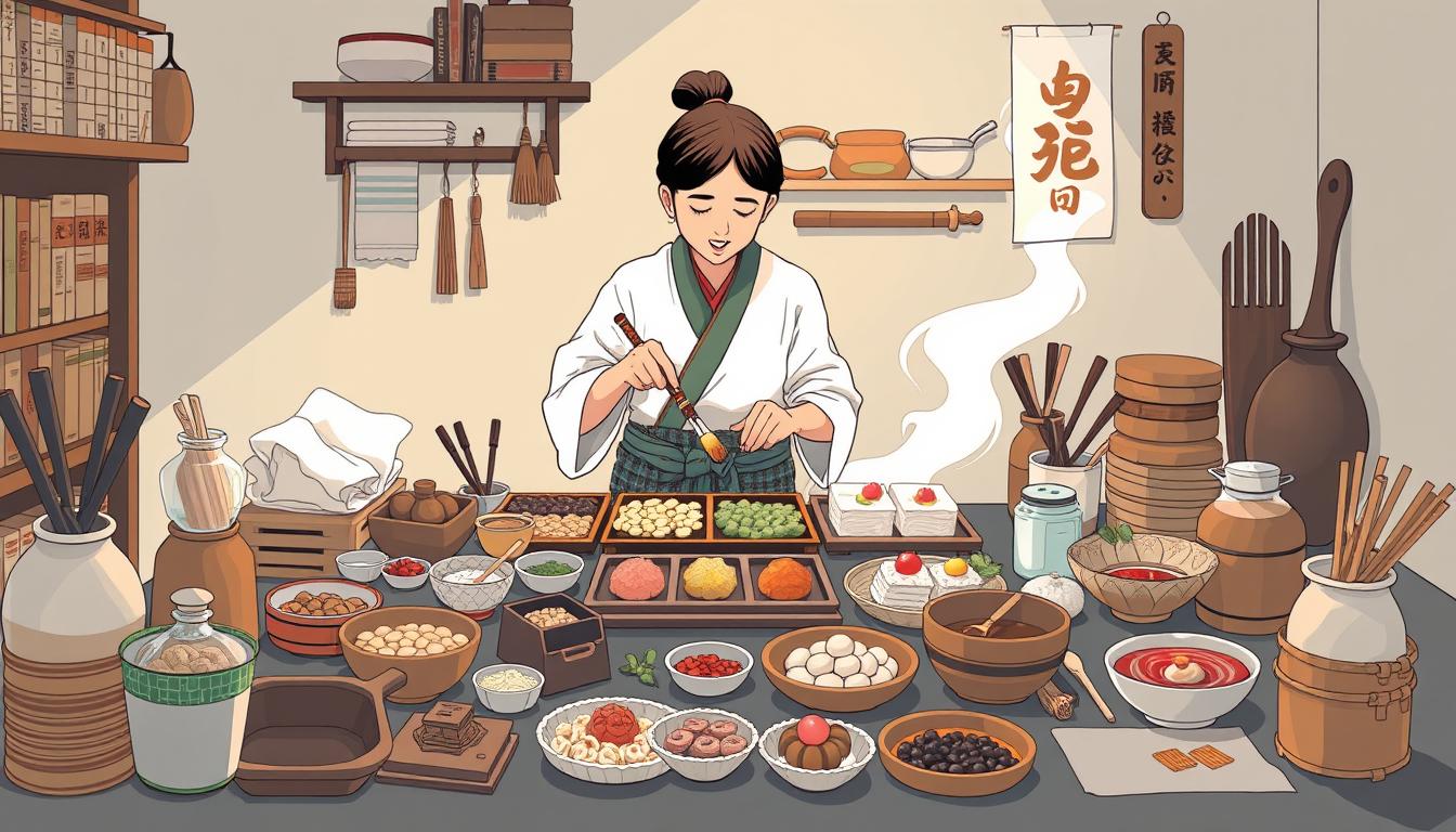Image of a person making Japanese sweets at home with various ingredients and tools