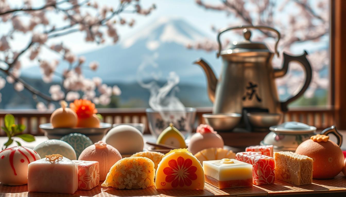 A delicate display of traditional Japanese confectionery, bathed in soft natural light. In the foreground, an assortment of vibrant mochi, daifuku, and higashi, each adorned with intricate patterns and subtle hues. The middle ground features a ceremonial tea set, with a steaming kettle and delicate ceramic cups, hinting at the cultural traditions that inspire these edible works of art. In the background, a serene landscape of cherry blossoms and Mount Fuji, creating a harmonious backdrop that transports the viewer to the heart of Japan's confectionery heritage. The scene is captured with a wide-angle lens, emphasizing the balance and elegance of this timeless culinary craft.