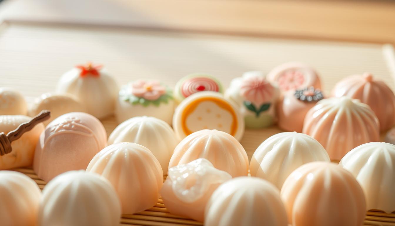 A delicate arrangement of traditional Japanese confections, captured in soft, natural lighting. In the foreground, an array of delicate mochi in pastel hues, their mochi-like textures invitingly displayed. In the middle ground, intricate wagashi sweets, their elegant designs and vibrant colors evoking the refined aesthetics of Japanese artistry. In the background, a simple wooden surface or traditional tatami mat, providing a minimalist backdrop to showcase the delectable treats. The overall mood is one of subtle sophistication, emphasizing the time-honored craftsmanship and cultural significance of these beloved Japanese sweets.