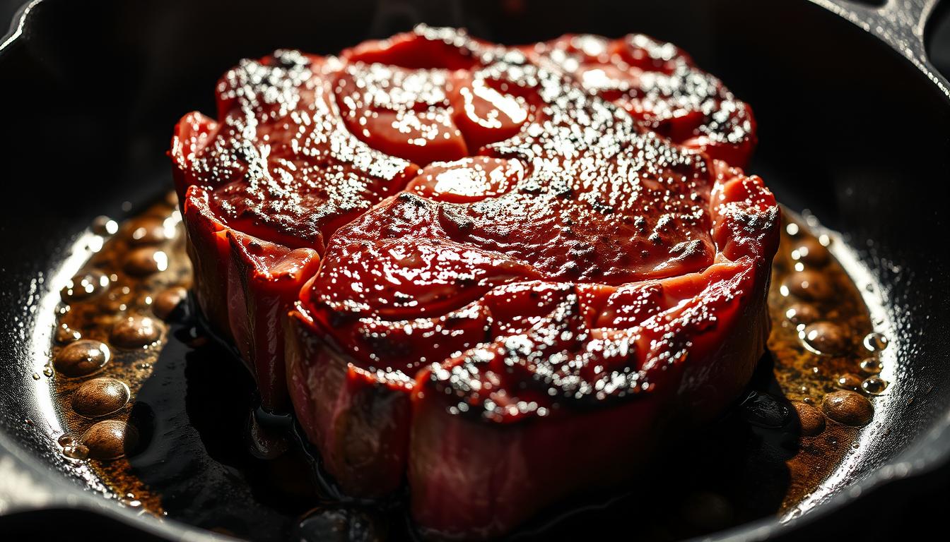 A close-up shot of a 10 oz. USDA Prime ribeye steak sizzling on a hot cast-iron skillet. The steak is perfectly seared, with a rich, caramelized crust and a vibrant red center. Bright, high-contrast lighting casts dramatic shadows, highlighting the steak's juicy texture and the skillet's polished metal surface. The scene conveys the intense heat and sizzling sound of the searing process, creating a mouthwatering and professional-looking culinary presentation.
