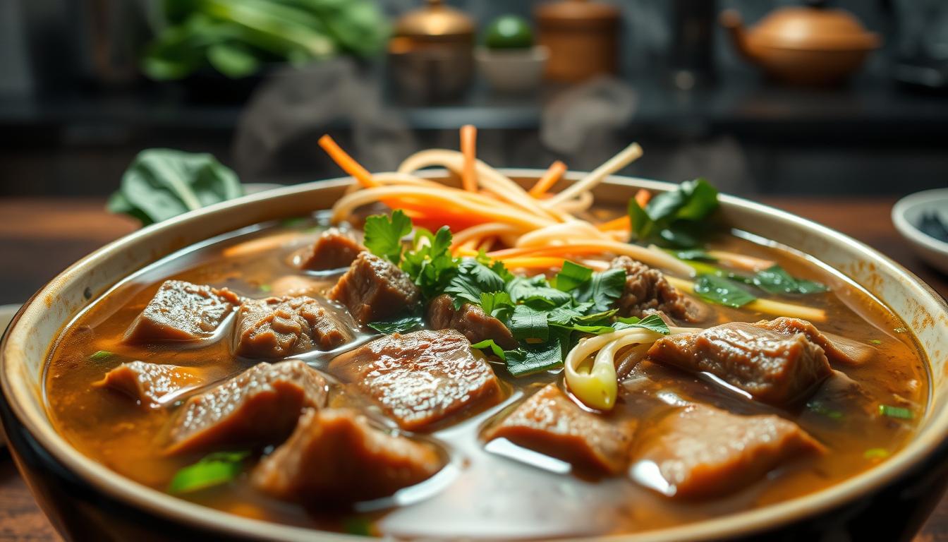 A steaming bowl of Asian beef shin soup, set against a backdrop of a cozy kitchen. In the foreground, tender beef shin chunks simmer in a fragrant broth infused with ginger, garlic, and aromatic spices. Delicate noodles and fresh herbs float amidst the rich, savory liquid. The middle ground features an assortment of vibrant vegetables, such as bok choy, scallions, and bean sprouts, adding pops of color and texture. Subtle lighting casts a warm, inviting glow, creating an atmosphere of comfort and nourishment. The scene evokes the sights, smells, and flavors of a traditional Asian-inspired beef shin soup, perfect for showcasing this hearty and versatile cut of meat.