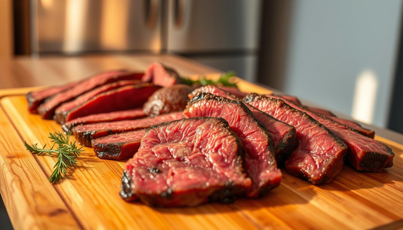 A close-up shot of various skirt steak cuts neatly arranged on a wooden cutting board, illuminated by warm, natural lighting. The steaks are placed in a visually appealing pattern, showcasing their distinctive grain and texture. In the background, a stainless steel freezer or refrigerator is visible, hinting at the proper storage techniques for preserving the quality and freshness of the meat. The composition conveys a sense of culinary expertise and attention to detail, highlighting the importance of proper handling and storage for maintaining the value of skirt steak.