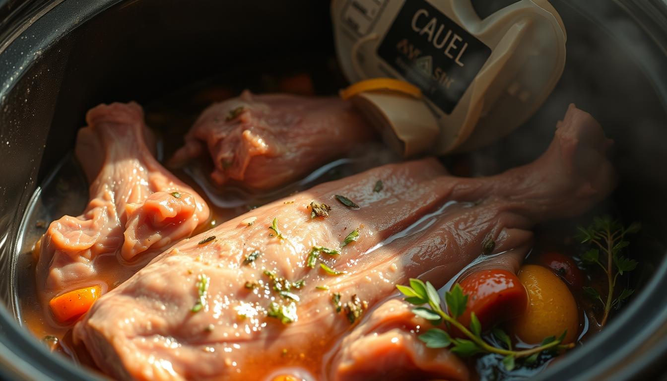 A close-up, well-lit view of a slow cooker filled with tender beef shins, surrounded by aromatic herbs, spices, and vegetables. The meat glistens with a rich, flavorful broth, the steam gently rising, creating a cozy, homey atmosphere. The camera angle highlights the layers of ingredients, showcasing the preparation process for this mouthwatering dish. Soft, directional lighting illuminates the scene, casting warm shadows and emphasizing the textures of the ingredients. The overall composition conveys the care and attention required to craft a delectable slow-cooked beef shin meal.