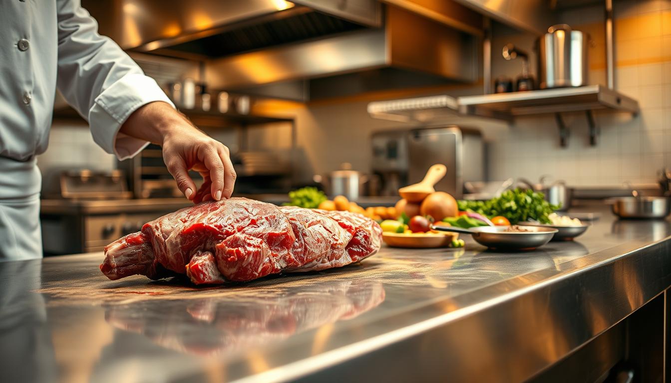 A well-lit commercial kitchen interior, with a stainless steel worktop in the foreground. On the surface, a thick beef shin cut is being prepared, with a chef's hands demonstrating various cooking techniques - braising, slow-roasting, and searing. In the middle ground, additional ingredients like aromatic vegetables, herbs, and spices are neatly arranged. The background features professional-grade cooking appliances, pots, and pans, conveying an atmosphere of culinary expertise. Warm, golden lighting casts subtle shadows, highlighting the textures and colors of the beef and garnishes. The overall scene showcases the proper methods for achieving tender, flavorful beef shin, avoiding common pitfalls.
