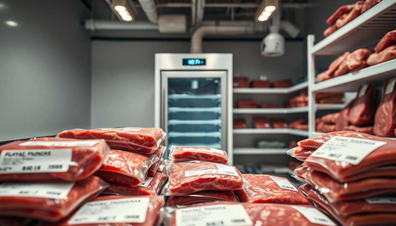 A well-lit, stylized photograph of a modern, organized meat storage area. In the foreground, neatly stacked packages of various beef cuts are visible, each labeled with cut type and expiry date. In the middle ground, a state-of-the-art refrigeration unit hums softly, maintaining the optimal temperature and humidity. The background showcases a tidy, minimalist storage space with clean, white walls and efficient shelving systems. Soft, diffused lighting creates a calming, professional atmosphere, highlighting the care and attention given to proper meat storage and preservation for the upcoming Easter holiday.