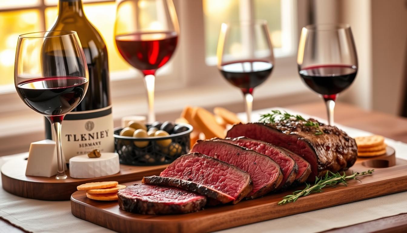 A elegant wine pairing guide for Easter beef dishes, displayed on a wooden table with a linen tablecloth. In the foreground, a bottle of premium red wine and two wine glasses, with a selection of gourmet cheeses, olives, and crackers arranged artfully. In the middle ground, a beautifully seared, medium-rare beef tenderloin steak, garnished with fresh thyme and rosemary. The background features a softly blurred, sun-dappled window, letting in warm, golden natural lighting that creates a cozy, inviting atmosphere. The overall mood is one of sophisticated, celebratory culinary delight, perfect for an Easter feast.