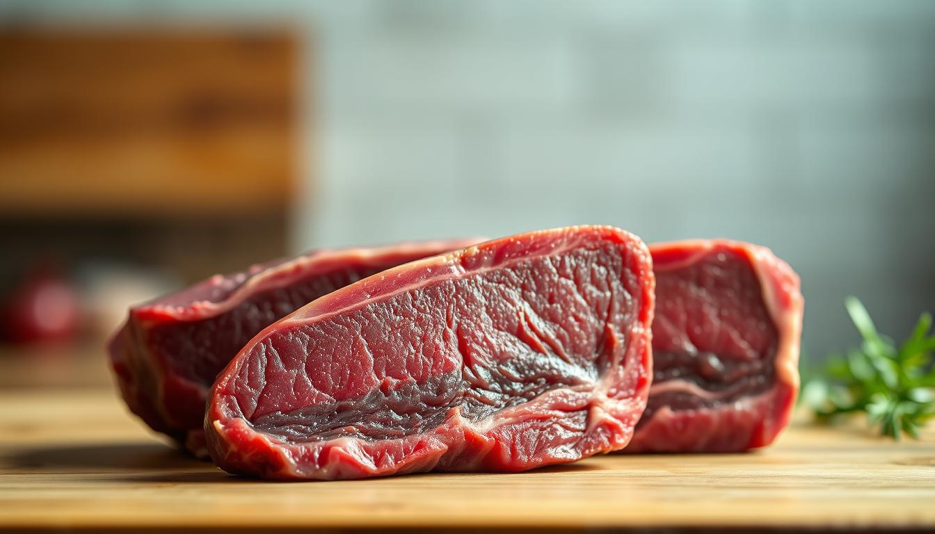 A high-quality close-up shot of three cuts of beef skirt steak, arranged side by side on a wooden table under soft, natural lighting. The steaks are displayed at an angle, showcasing their distinct textures and marbling. The foreground focuses on the detailed examination of the meat, while the background is blurred, creating a sense of depth and emphasis on the subject. The image conveys a sense of careful evaluation, highlighting the nuances in quality that can affect the price and suitability for different culinary applications.