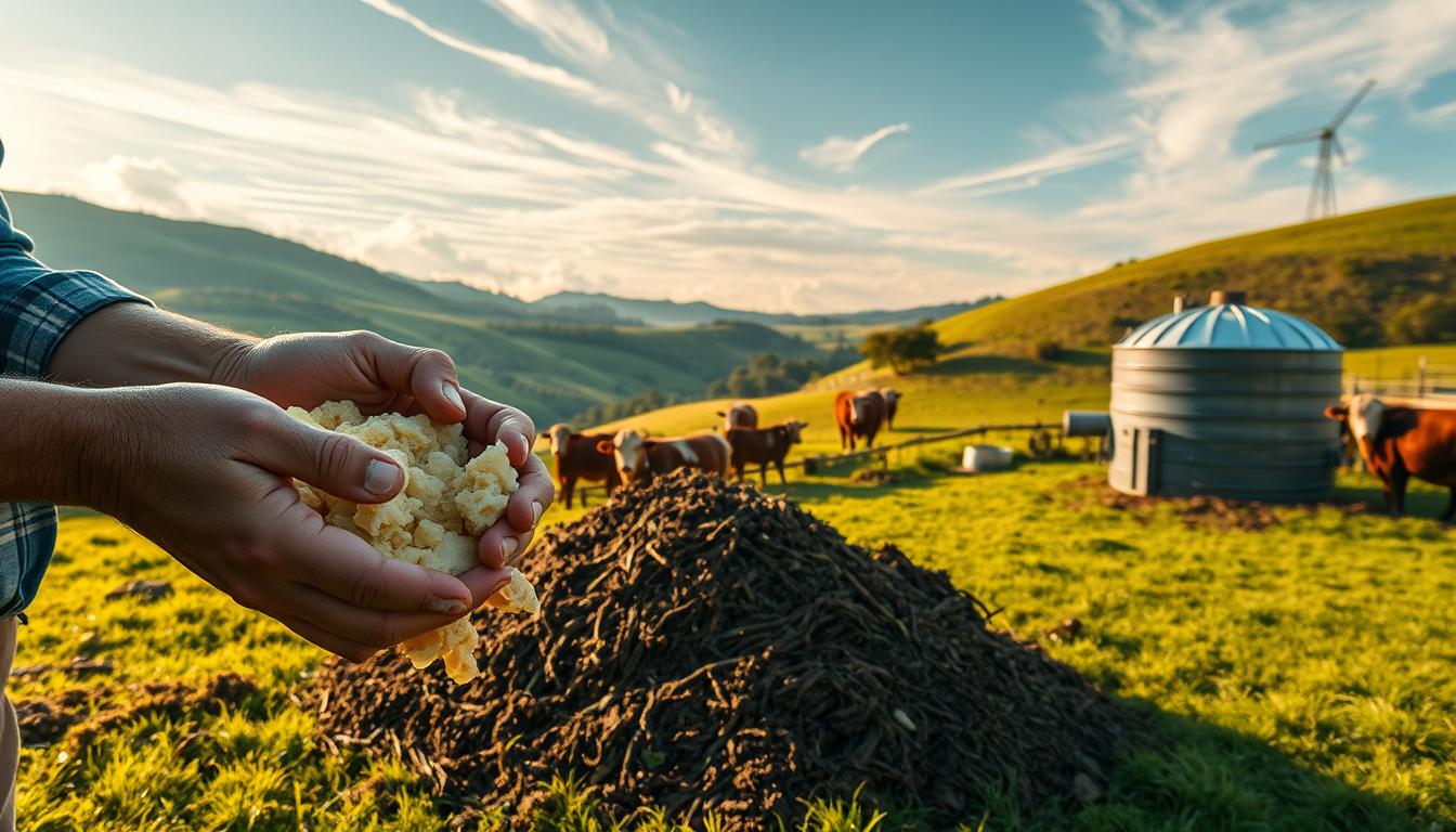 A sustainable cattle farm nestled amidst lush, rolling hills. In the foreground, a farmer carefully collects beef suet, their hands coated in a fine layer of rendered fat. The middle ground showcases a well-maintained compost pile, where organic waste from the farm is transformed into nutrient-rich soil. In the background, a state-of-the-art biodigester hums, converting methane from the cattle into clean, renewable energy. Warm, golden sunlight filters through wispy clouds, casting a soft, natural glow over the scene. The overall mood is one of harmony, efficiency, and environmental stewardship.
