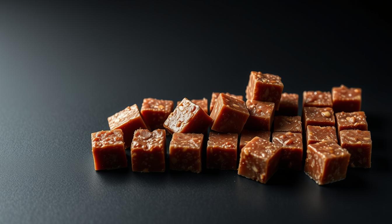 A modern, minimalist still life showcasing a close-up of beef suet cubes on a sleek, matte black surface. The suet is arranged in an aesthetically pleasing grid pattern, casting soft, directional shadows that add depth and dimension. Crisp, even lighting from above illuminates the glistening, opulent texture of the suet, hinting at its rich culinary potential. The background is a simple, uncluttered void, allowing the subject to take center stage and be appreciated for its inherent visual appeal as a modern ingredient. The overall mood is one of understated elegance, highlighting beef suet's transition into a sophisticated, versatile component of the contemporary culinary landscape.