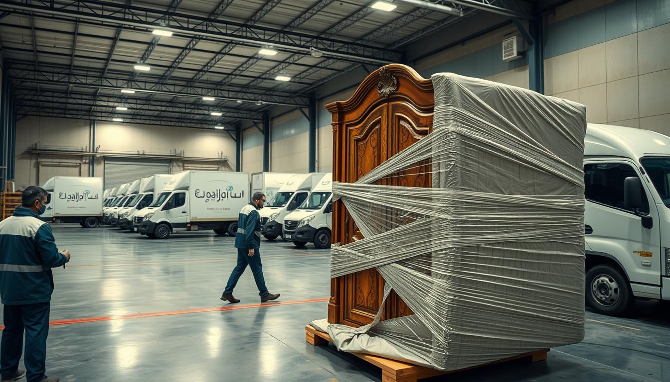 A modern, well-equipped furniture moving operation in Taif. In the foreground, a team of skilled technicians carefully wrap and secure a large, ornate wooden cabinet using specialized moving blankets and straps. In the middle ground, a fleet of pristine, high-capacity cargo vans emblazoned with the &quot;شركة ألترا&quot; logo wait to transport the precious cargo. The background features a state-of-the-art warehousing facility with climate-controlled storage and advanced monitoring systems, ensuring the safe handling of delicate furniture. The scene conveys a sense of professionalism, efficiency, and attention to detail that exemplifies the &quot;best furniture moving companies in Taif - professional service and reasonable prices!&quot;