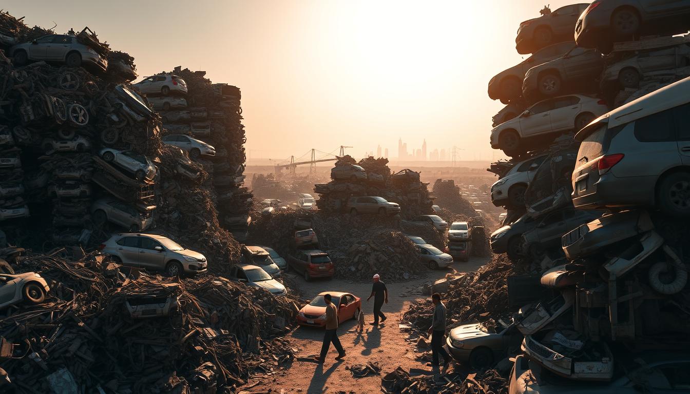 A bustling scrapyard in the heart of Riyadh, with towers of compacted metal and crushed automobiles casting dramatic shadows under the warm, golden light of the afternoon sun. In the foreground, workers from &quot;شركة الرياض للسكراب&quot; carefully sort and organize the recyclable materials, their movements captured in a dynamic, cinematic composition. The middle ground features towering piles of scrap, their irregular shapes and textures contrasting with the ordered activity in the front. In the background, the hazy silhouettes of the city skyline suggest the broader context of this important recycling hub, where the sustainable management of resources is a top priority.