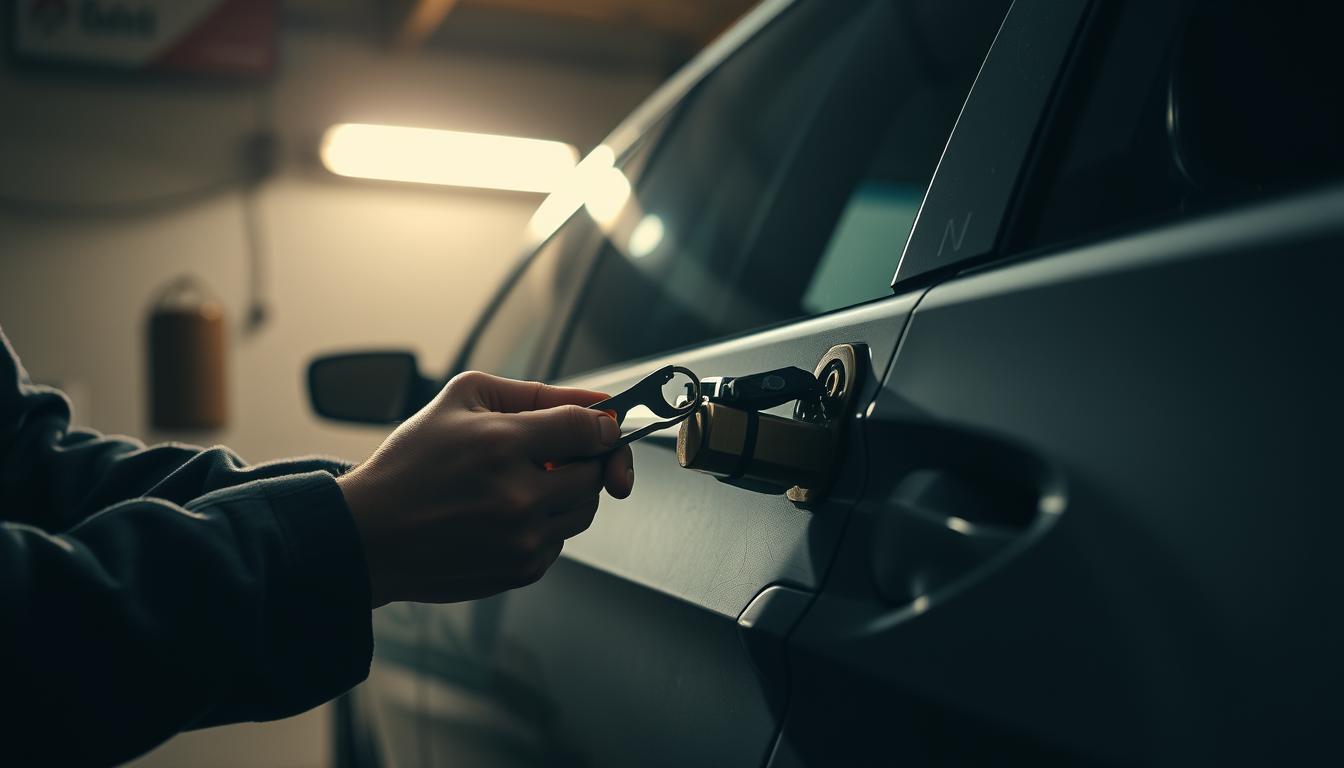 A professional car locksmith carefully examining the locks of a locked sedan, using specialized tools to safely and discreetly open the vehicle without causing any damage. The scene is set in a dimly lit garage, with a warm, focused lighting highlighting the intricate work of the locksmith's hands. The car's body casts soft shadows on the background, creating a sense of depth and atmosphere. The overall mood is one of expertise, precision, and a commitment to providing a secure and reliable service, reflecting the trusted reputation of &quot;شركة أقفال الكويت&quot;.