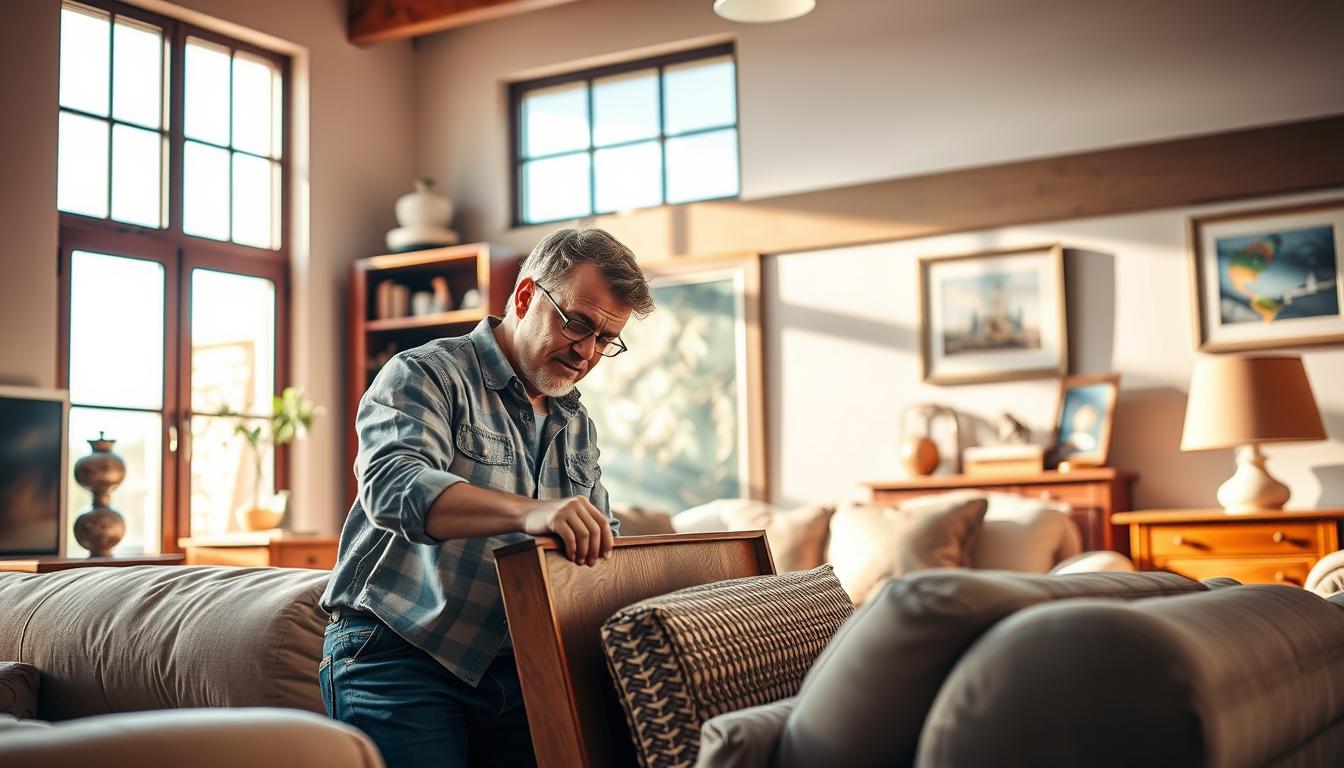 A warm, inviting living room setting with a middle-aged man carefully arranging a collection of used furniture items. The room is well-lit, with natural sunlight filtering through large windows, creating a cozy, comfortable atmosphere. In the background, a bookshelf with trinkets and decor pieces suggests a lived-in, homely vibe. The man, dressed in casual attire, appears thoughtful as he assesses the condition and pricing of the furniture, showcasing the &quot;Kanz Al Manzil&quot; brand's expertise in buying and selling used home items. The prompt conveys a sense of practicality, attention to detail, and the joy of finding pre-owned treasures. Prompt A warm, inviting living room setting with a middle-aged man carefully arranging a collection of used furniture items. The room is well-lit, with natural sunlight filtering through large windows, creating a cozy, comfortable atmosphere. In the background, a bookshelf with trinkets and decor pieces suggests a lived-in, homely vibe. The man, dressed in casual attire, appears