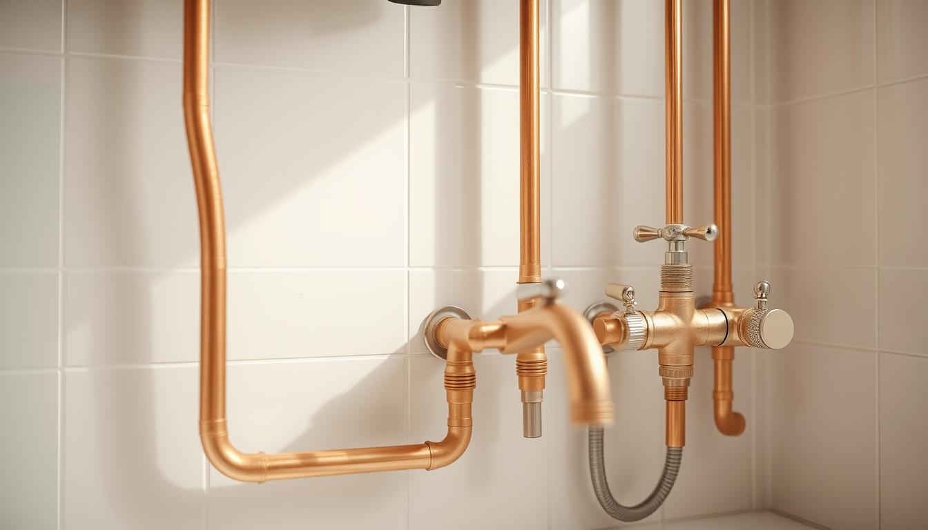 A well-organized household plumbing system, with gleaming copper pipes and expertly installed faucets, set against a backdrop of clean, modern tiles. The scene is bathed in soft, natural lighting, highlighting the importance of regular maintenance and professional &quot;فني صحي&quot; servicing to ensure the long-term functionality and efficiency of this essential home infrastructure. The image conveys a sense of tranquility and care, underscoring the need for proactive, scheduled upkeep to prevent costly issues and ensure the integrity of the plumbing network.
