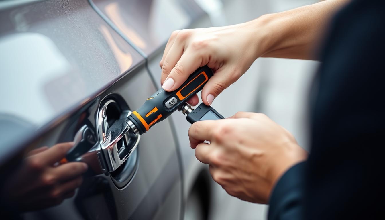 صورة لشخص يفتح سيارة باستخدام أدوات متطورة