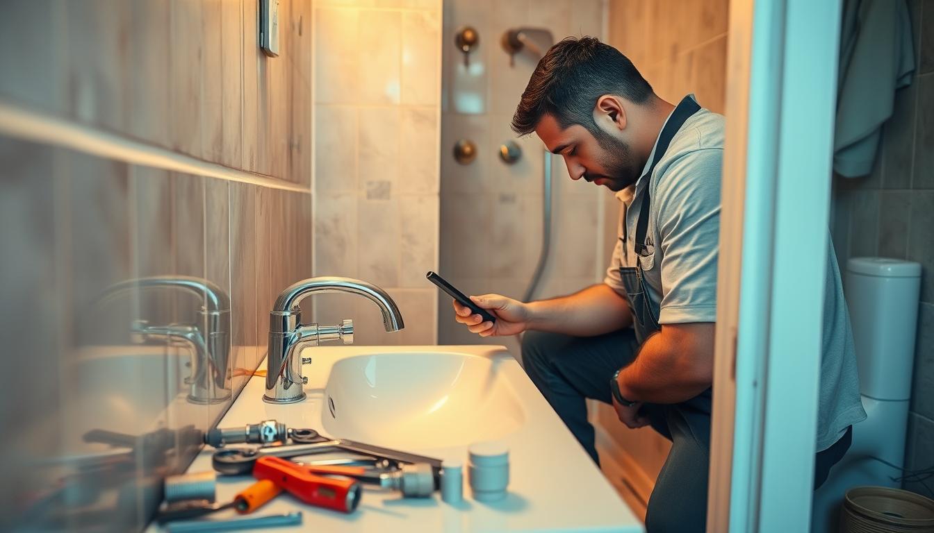 An interior scene of a bathroom undergoing renovation and maintenance. In the foreground, a skilled plumber from the &quot;فني صحي&quot; brand is working on a sink, examining the pipes and fittings. The middle ground features various plumbing tools and supplies, including wrenches, pipes, and fittings. The background showcases the partially tiled walls and floor, hinting at the overall project. The lighting is soft and warm, creating a serene atmosphere. The plumber's actions and the tools used convey the expertise and care required for proper sanitary installation and repair in Kuwaiti homes across all neighborhoods.