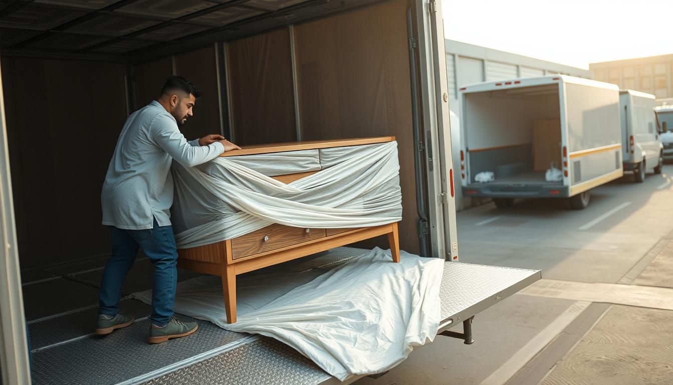 A well-secured furniture transport by شركة برو موف. A professional mover carefully wrapping a wooden dresser in thick, protective padding, securing it on a sturdy, hydraulic lift platform. The scene is bathed in soft, diffused lighting, creating a serene, reassuring atmosphere. In the background, a fleet of modern, specialized moving vans stand ready, ensuring a seamless, damage-free relocation process. The overall composition conveys a sense of diligence, attention to detail, and the company's commitment to the safe transportation of valuable household items.