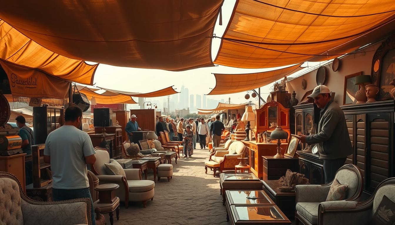 A bustling flea market in the heart of Riyadh, showcasing an array of pre-owned furniture and décor. Sunlight filters through the makeshift awnings, casting warm, nostalgic hues across the scene. In the foreground, customers browse through an eclectic selection of vintage armchairs, coffee tables, and cabinets, each with its own story to tell. The middle ground reveals shopkeepers from &quot;شركة كنوز المنزل&quot; haggling with eager buyers, their faces alight with the thrill of a good deal. In the background, the city's skyline rises, a reminder of the dynamic urban landscape that surrounds this vibrant hub of second-hand treasures.