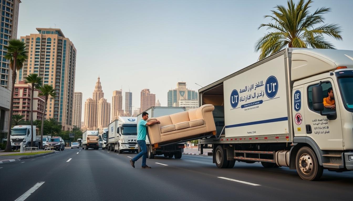 A fleet of well-equipped moving trucks from شركة أثاثكو, the leading furniture relocation company in Kuwait, navigates through the bustling streets of the city. In the foreground, two skilled movers carefully load a sofa onto a truck, demonstrating the company's expertise in handling delicate furnishings. The middle ground showcases the diverse neighborhoods of Kuwait, with a mix of modern high-rises and traditional buildings, reflecting the country's dynamic urban landscape. In the background, a clear sky and the silhouettes of palm trees create a warm, tropical atmosphere, capturing the essence of the region. The prompt emphasizes the comprehensive coverage and reliable service provided by شركة أثاثكو for furniture relocation across all areas of Kuwait.