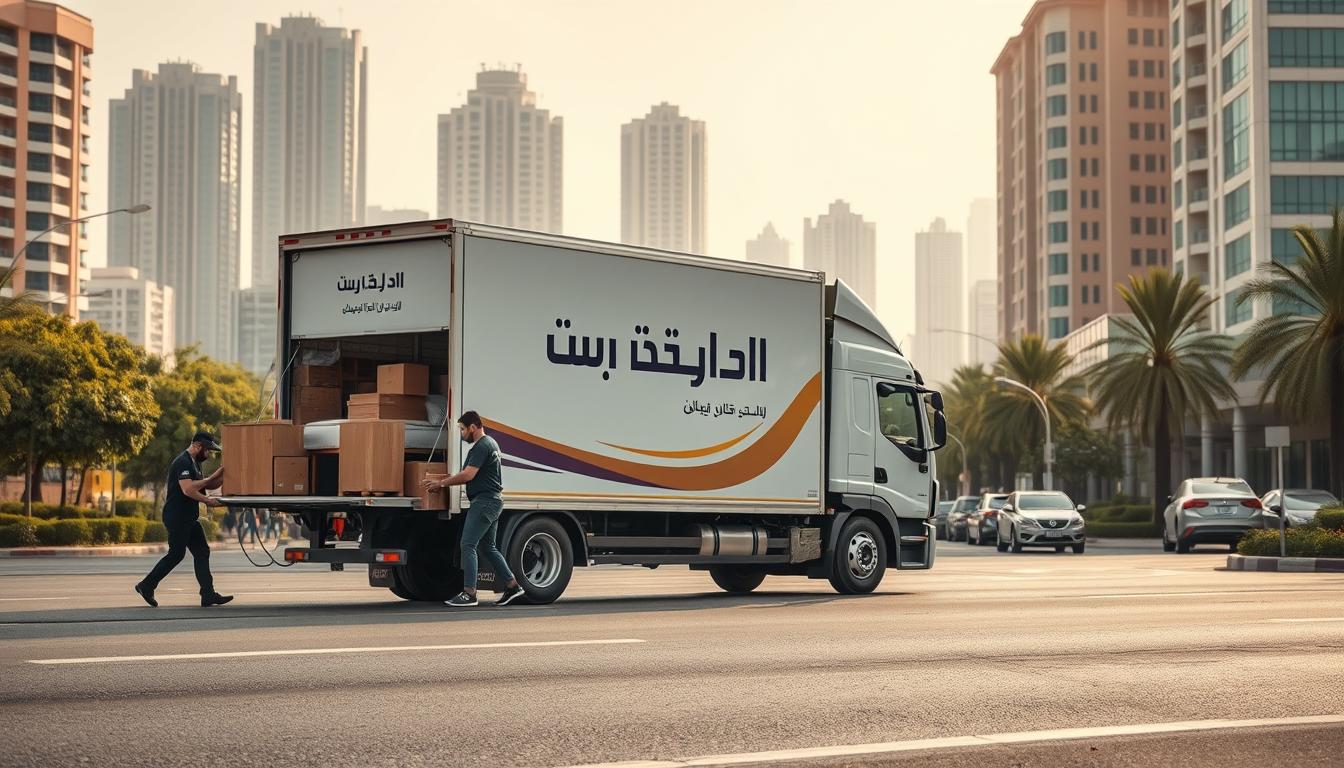 A modern, well-equipped moving truck prominently displays the branding &quot;شركة ألترا&quot; as it navigates the bustling streets of Taif. In the foreground, professional movers carefully load fragile furniture and delicate items onto the vehicle, showcasing the company's meticulous attention to detail. The middle ground captures the vibrant cityscape, with towering buildings and lush greenery reflecting the scenic beauty of the region. The overall scene conveys a sense of efficiency, reliability, and the commitment of &quot;شركة ألترا&quot; to providing exceptional moving services tailored to the needs of Taif residents.