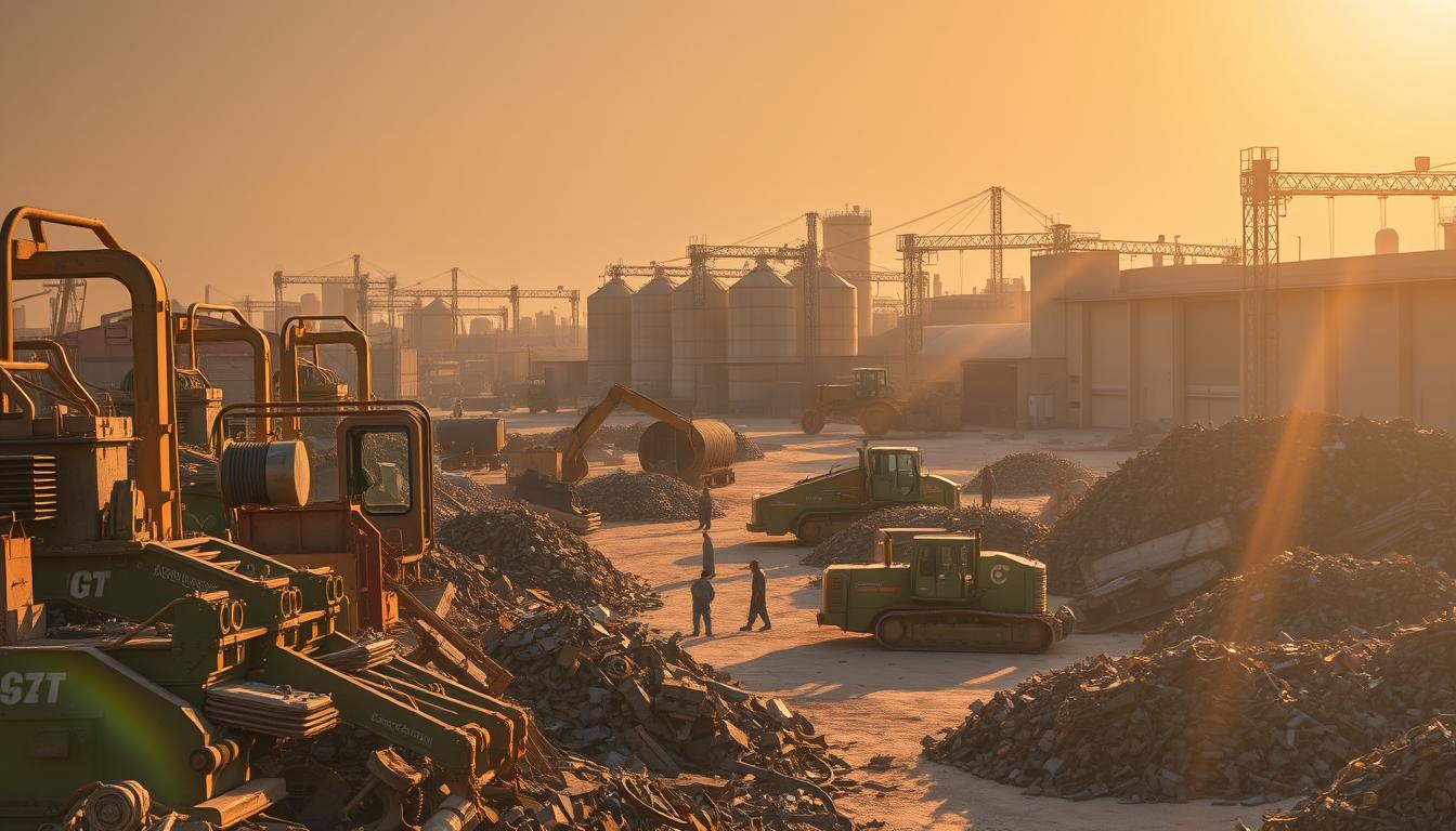 A bustling industrial yard in Riyadh, Saudi Arabia, where the esteemed &quot;Riyadh Scrap Company&quot; buys and collects scrap metal from across the Gulf region. In the foreground, heavy machinery and scrap piles are illuminated by warm, golden sunlight, casting dynamic shadows across the scene. In the middle ground, workers sort and organize the various metal components, while in the background, towering silos and warehouses stand as symbols of the company's scale and expertise. The atmosphere conveys a sense of productivity, efficiency, and the thriving scrap metal trade that drives the local economy.