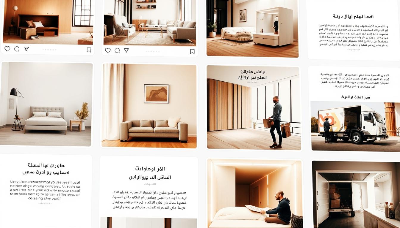 Detailed interior of an Instagram feed filled with imagery showcasing the services of &quot;شركة الناقل الذهبي&quot;, a premium furniture moving company in Kuwait. The feed displays a sleek, clean aesthetic with a mix of product shots, customer testimonials, and behind-the-scenes footage of the company's moving operations. Warm lighting and natural tones create a visually appealing and trustworthy brand identity. The layout features a balanced grid of square posts, each drawing the viewer's attention to the company's reliability, efficiency, and customer-centric approach. The overall impression conveys a digitally savvy, professional moving service catering to the needs of Kuwait's discerning clientele.
