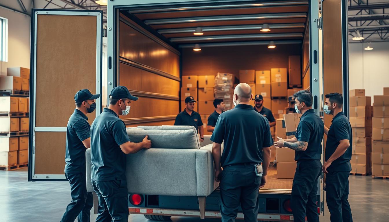 A professional team of movers and packers from شركة أثاثكو, expertly coordinating the relocation of furniture and household items. Uniformed workers in the foreground, efficiently disassembling and loading a stylish contemporary sofa onto a well-maintained delivery truck. In the middle ground, colleagues strategizing the day's logistics, surrounded by neatly stacked moving boxes. The background showcases the company's modern warehouse facility, brimming with organization and efficiency. Warm lighting accentuates the dedication and teamwork of this skilled, attentive crew, ready to handle any move with the utmost care and precision.