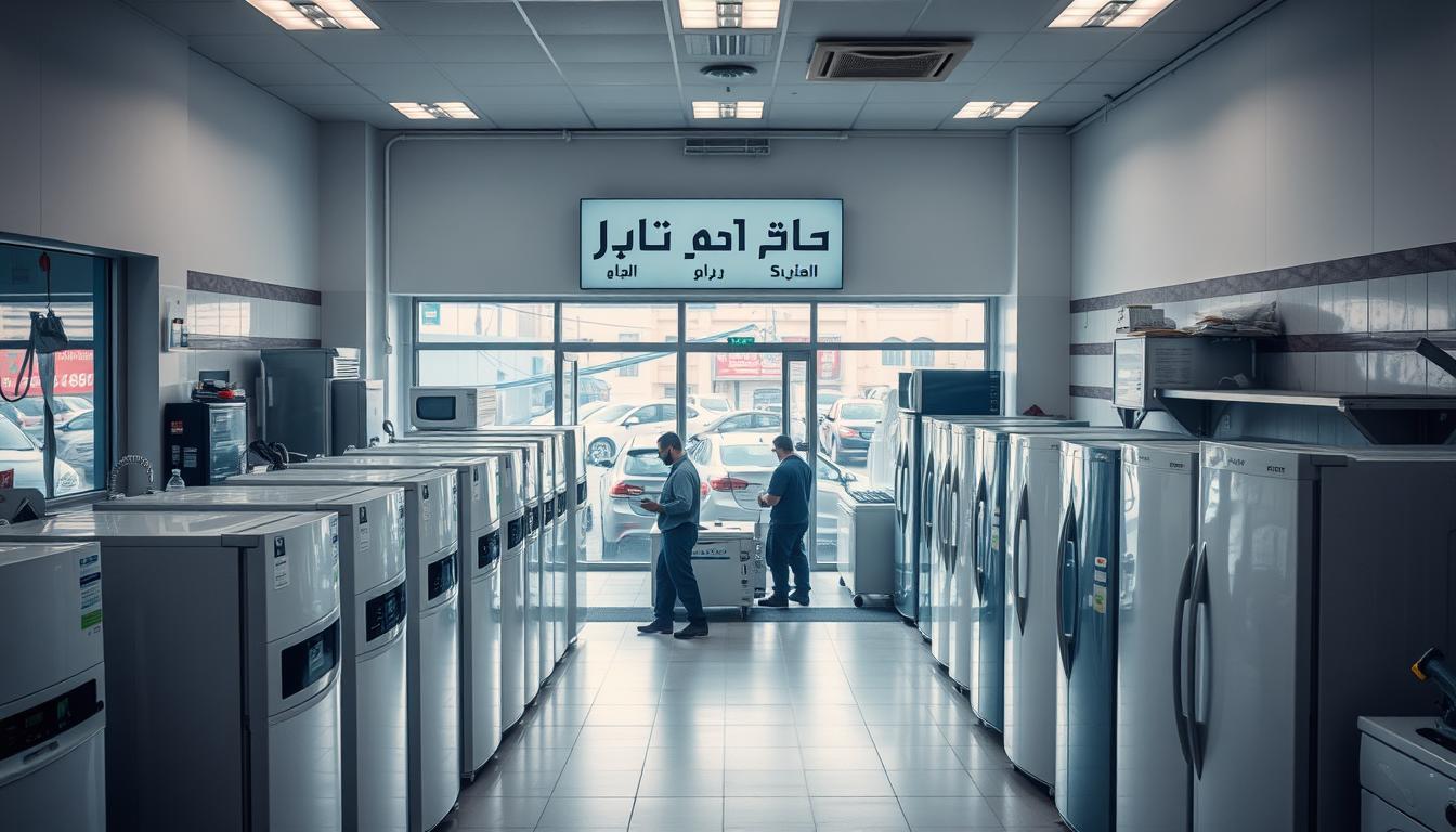 A well-lit, modern repair shop in the heart of Taif, Saudi Arabia. The storefront displays the brand name &quot;صيانة ثلاجات بالطائف&quot; prominently. Inside, rows of refrigerators and appliances line the walls, attended to by skilled technicians. The atmosphere is one of professionalism and attention to detail, with tools and equipment neatly organized. Through the large windows, a bustling street scene is visible, adding to the sense of activity and energy. Soft, diffused lighting illuminates the space, creating a welcoming and efficient workspace dedicated to the repair and maintenance of refrigerators.